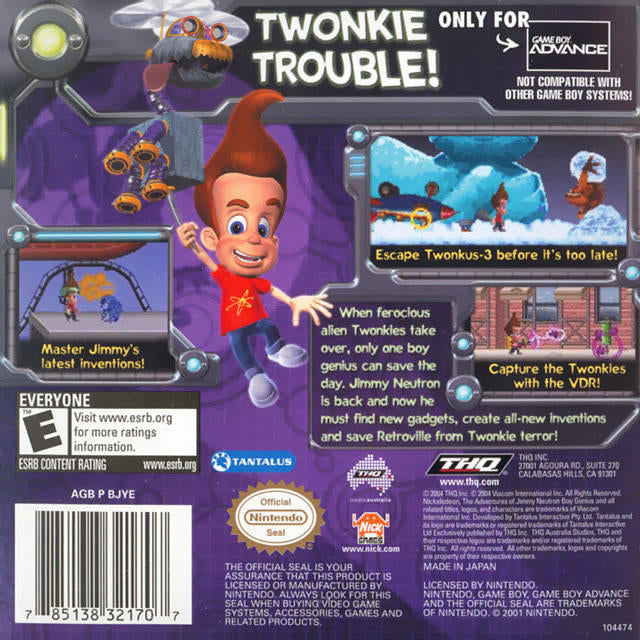 THE ADVENTURES OF JIMMY NEUTRON BOY GENIUS  -  ATTACK OF THE TWONKIES  ( Cartouche seulement ) (usagé)