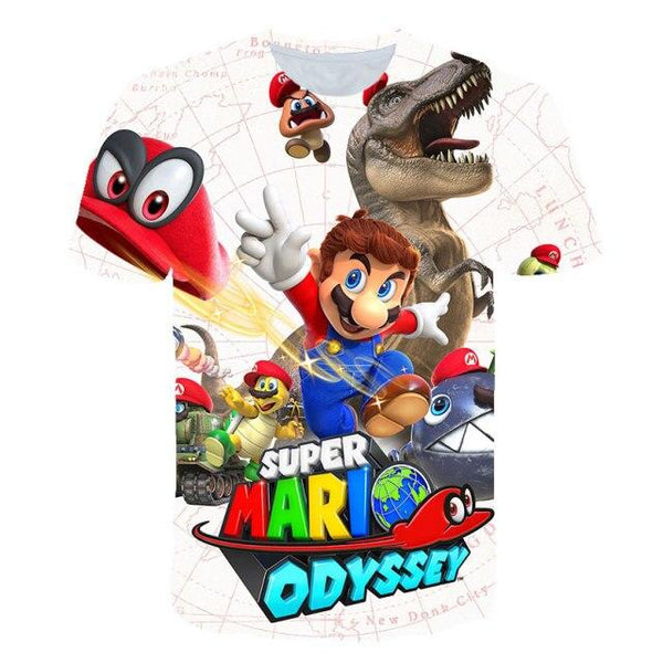 White Super Mario Odyssey T-shirt - Mario with Dinosaur (Kids size / 9-10 years old)