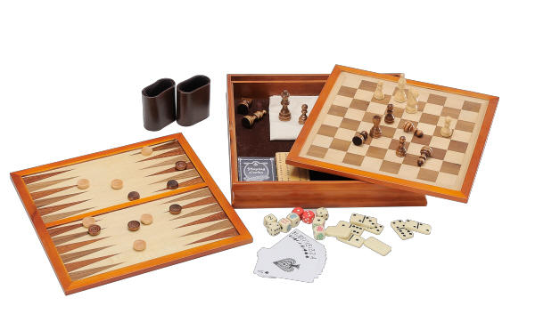 7 in 1 wooden 12 inch game set includes chess, checkers, backgammon, dominoes, cribble, poker dice and cards