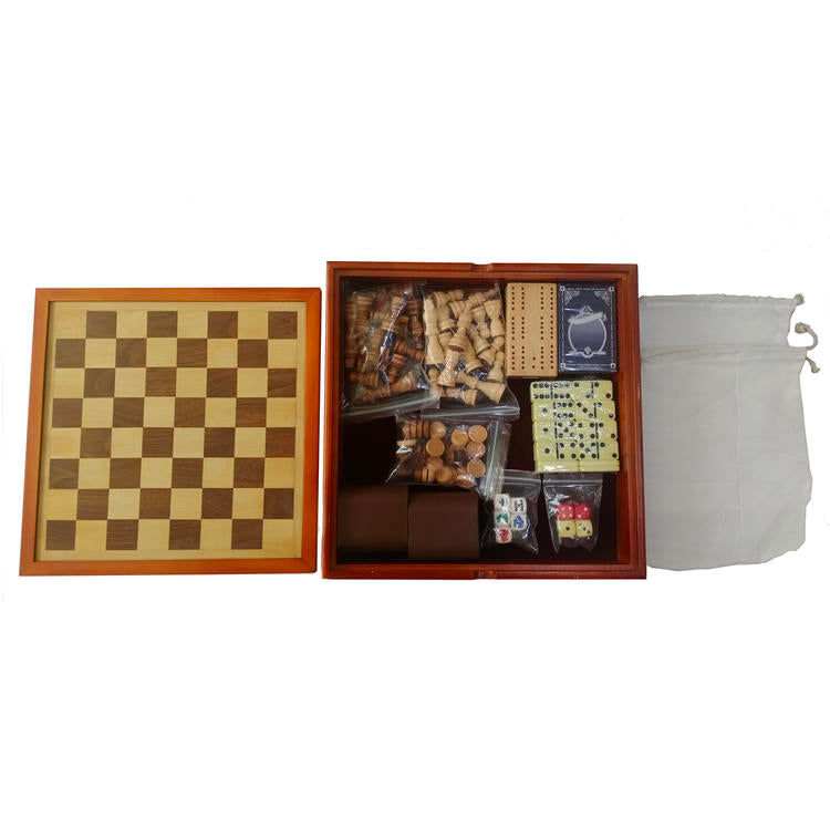 7 in 1 wooden 12 inch game set includes chess, checkers, backgammon, dominoes, cribble, poker dice and cards
