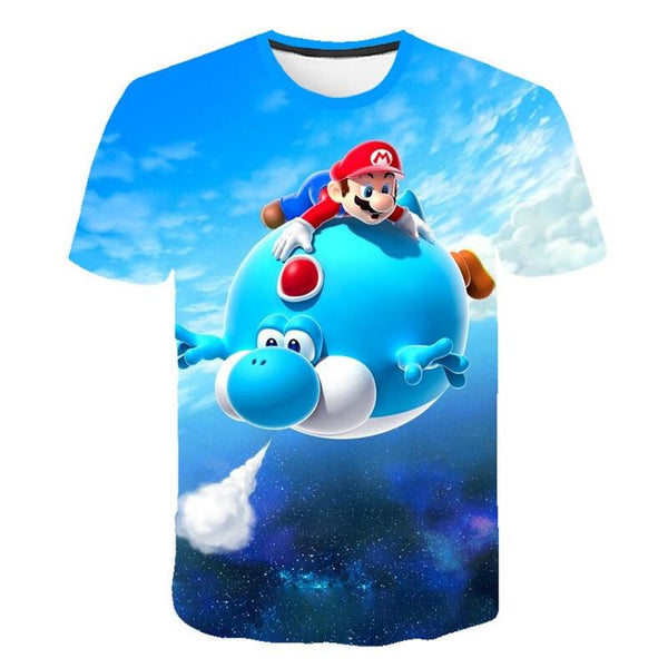 T-shirt de Super Mario Galaxy 2  -  Mario sur Yoshi bleu gonflé 2  ( Grandeur enfants / 9-10 ans )
