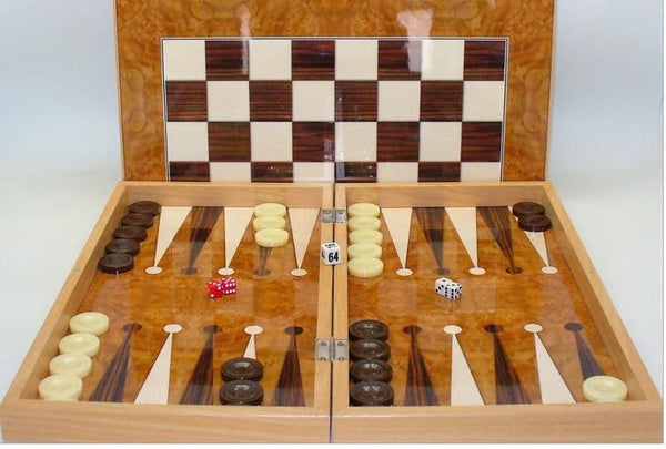 Ensemble de backgammon pliant en bois de style Burl Wood Decoupage de 19 pouces