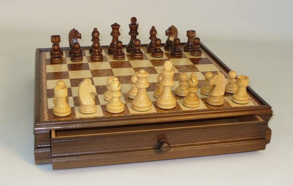 38.1cm Inlaid Walnut Wood Chess and Checkers Set with Drawer