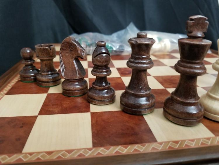 38.1cm Inlaid Walnut Wood Chess and Checkers Set with Drawer