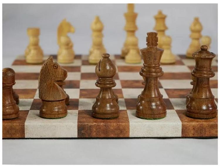 WorldWise 14-inch Wood and Leatherette Chess Set in Caramel and Cream