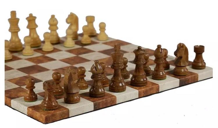 WorldWise 14-inch Wood and Leatherette Chess Set in Caramel and Cream